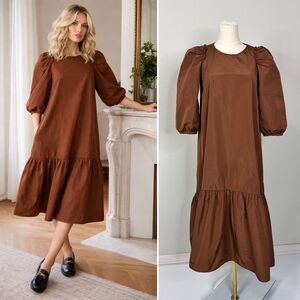 Zara Voluminous Taffeta Midi Dress XS Preppy Pockets Minimalist Cottage Prairie